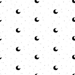 Seamless pattern with black half moon, crescents and stars on white background. Night, sky, dream, sleep ornament. Mystic, magic, sorcery wallpaper.