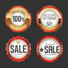 Collection of gold and red super sale badges and labels