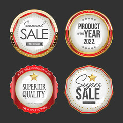 Collection of gold and red super sale badges and labels