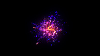 Fototapeta premium Particles splashes. Abstract backround. Glowing neon particle explosion. Purple and orange colors.