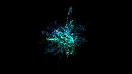 Particles splashes. Abstract backround. Glowing neon particle explosion. Blue and green color.