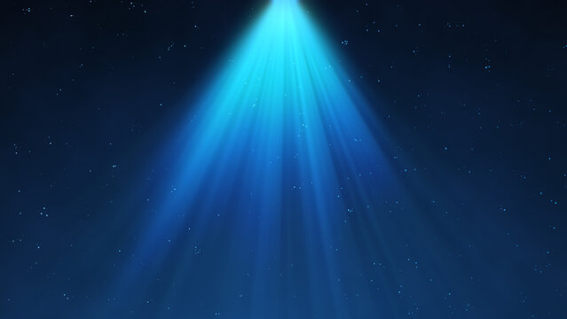 Spotlight background. Festive abstract spot light. Bright rays.  Glowing particles. Blue color.