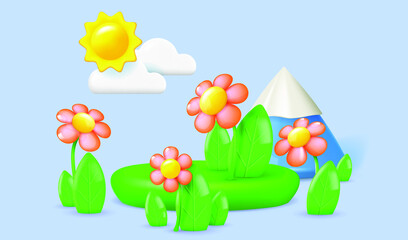 Cartoon landscape with 3D objects. Blue sky with sun and clouds, leaves, flowers and color mountain