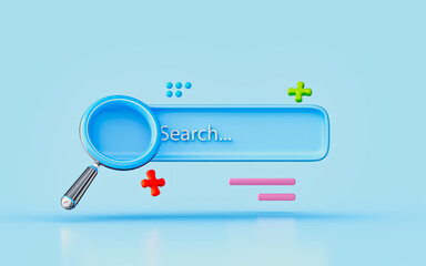 Naklejka premium magnify glass 3d illustration search bar finding news information entertainment idea on internet
