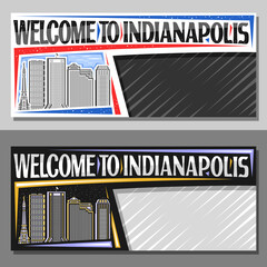 Vector layouts for Indianapolis with copy space, decorative voucher with line illustration of indianapolis city scape on day and dusk sky background, tourist coupon with words welcome to indianapolis