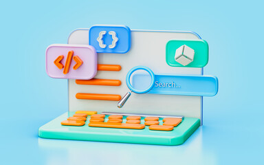 laptop coding magnify glass 3d illustration search business strategy policy create website cod sign