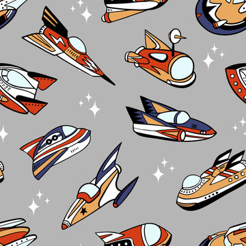 Hand drawn retro space cars seamless vector pattern. Perfect for textile, wallpaper or print design. 