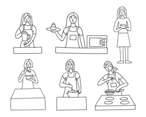 Collection of doodle housewives illustrations. Housewives prepairing food doodle icons collection in vector. Hand drawn illustration of housewives cooking in the kitchen.