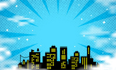 Comic cartoon blue background with city silhouette 