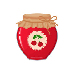 Natural organic homemade cherry berry jam in glass jar with tag and paper cover vector illustration