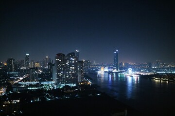 Night view of Chao Phraya River in Bangkok city