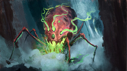 Digital painting of a giant poison skull spider walking through a foggy city street - fantasy illustration