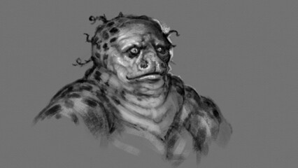 Digital portrait drawing of an overweight creature with tentacle hair - fantasy illustration