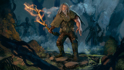 Fototapeta premium Digital 3d illustration of a necromancer wizard casting a spell and raising dead minions - fantasy painting