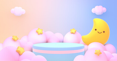 3d rendered product display podium and cute smiling moon.