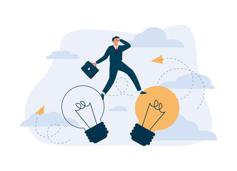 Obraz na płótnie Canvas Smart businessman jump from old to new shiny lightbulb idea.Business innovation, transformation, change management.