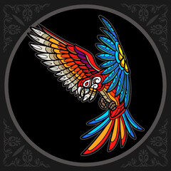 Colorful macaw bird zentangle arts. isolated on black background.