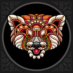 Colorful red panda head zentangle arts. isolated on black background.