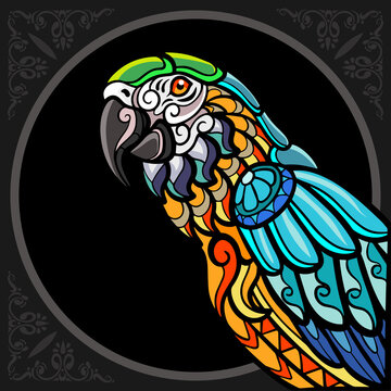 Colorful macaw bird zentangle arts. isolated on black background.