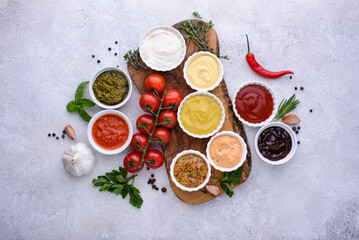 Fototapeta na wymiar Set of different sauces. Ketchup, mustard and mayonnaise