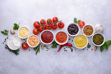 Fototapeta na wymiar Set of different sauces. Ketchup, mustard and mayonnaise