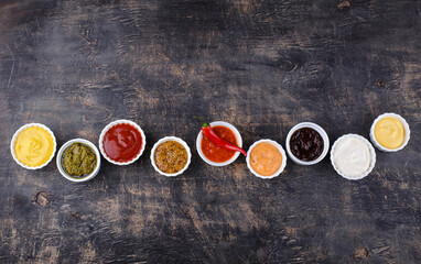 Set of different sauces. Ketchup, mustard and mayonnaise