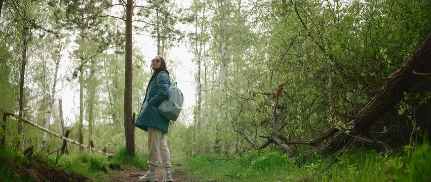 A young woman walks through the spring forest. A girl in dark glasses with a backpack is walking along a forest path. Anamorphic video