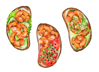 Set of sandwiches shrimp and salmon. Watercolor illustration