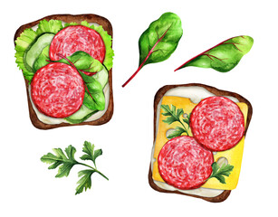 Set of rye bread sandwiches with salami. Watercolor
