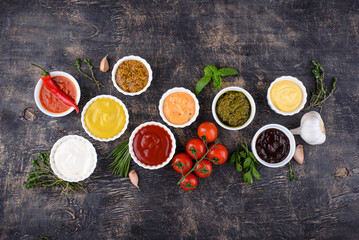 Set of different sauces. Ketchup, mustard and mayonnaise