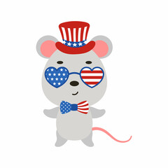 Cute little mouse in USA patriotic hat and glasses. Cartoon animal character for kids t-shirt, decoration, baby shower, greeting card, invitation, house interior. Vector stock illustration