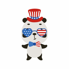 Cute little panda in USA patriotic hat and glasses. Cartoon animal character for kids t-shirt, decoration, baby shower, greeting card, invitation, house interior. Vector stock illustration