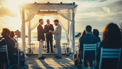Handsome Gay Couple Exchange Rings and Kiss at Outdoors Wedding Ceremony Venue Near the Sea. Two...