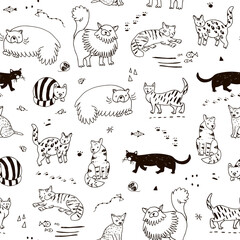 Cats pets vector line seamless pattern