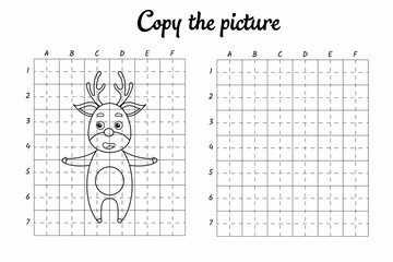 Copy the picture. Draw by grid. Coloring book pages for kids. Handwriting practice, drawing skills training. Education developing printable worksheet. Activity page. Cute cartoon vector illustration.
