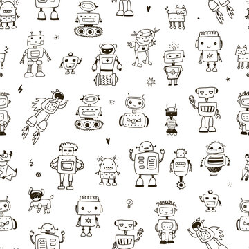 Robot drawing vector line seamless pattern