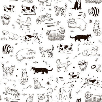Cats and dogs, funny pets vector line seamless pattern