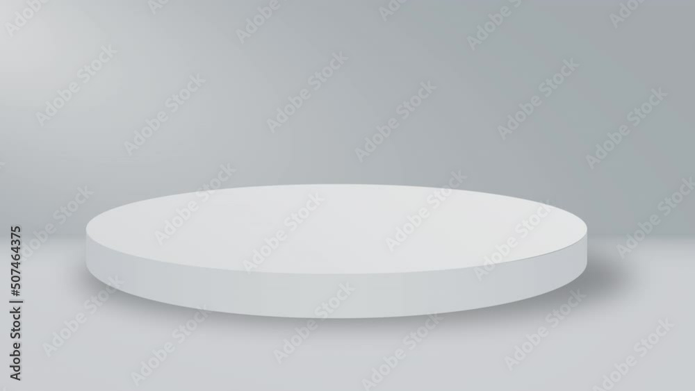 Poster empty round podium, pedestal or platform illuminated by volume spotlights. digital 3d animation
