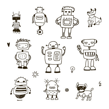 Robot drawing vector line illustrations set