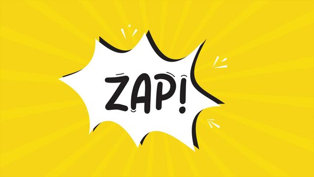 A comic strip cartoon animation, with the word Zap appearing. Yellow and halftone background, star shape effect