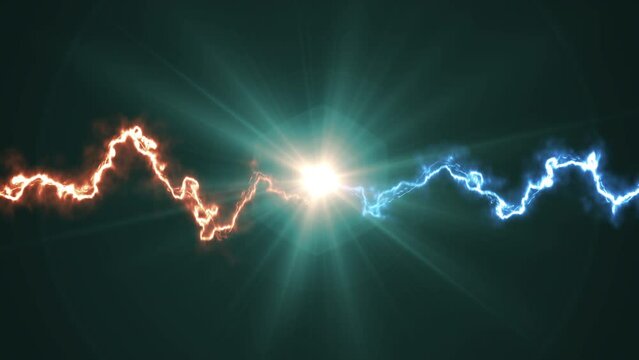Electric discharge collision. Blue and red impulse shock energy explosion. Flash lightning effect isolated on black background. 3d animation. Sci fi future or fantasy thunderbolt element.