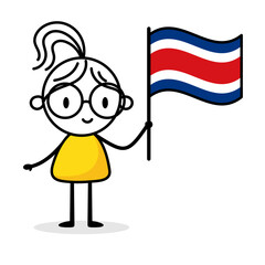 Woman holding flag of Costa Rica isolated on white background. Hand drawn doodle line art man. Concept of country. Vector stock illustration