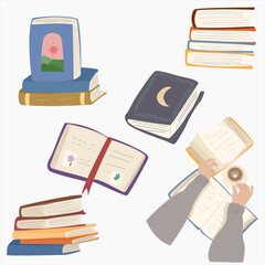 set with stacks of books, open books, hands holding a book and coffee