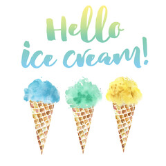 Print hello ice cream. Summer illustration for postcard, print or postcard.