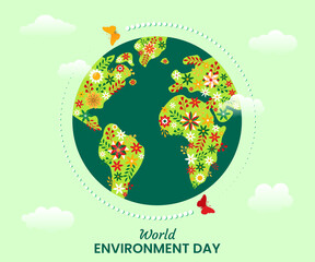 World Environment Day Floral Theme Cute Poster Design. Ornate Abstract Earth covered in colourful flowers, leaves, twigs. Love and Protect Environment. Flyer, greeting cards Background Digital graphic