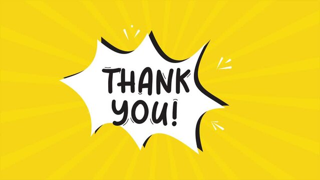 A comic strip cartoon animation, with the word Thank you appearing. Yellow and halftone background, star shape effect