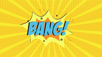 A comic strip cartoon animation, with the word Bang appearing. Yellow and halftone background, star shape effect - Powered by Adobe