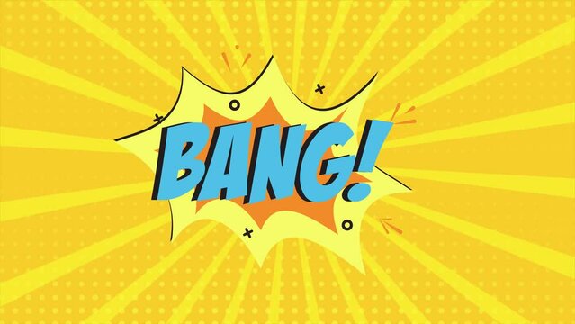 A comic strip cartoon animation, with the word Bang appearing. Yellow and halftone background, star shape effect