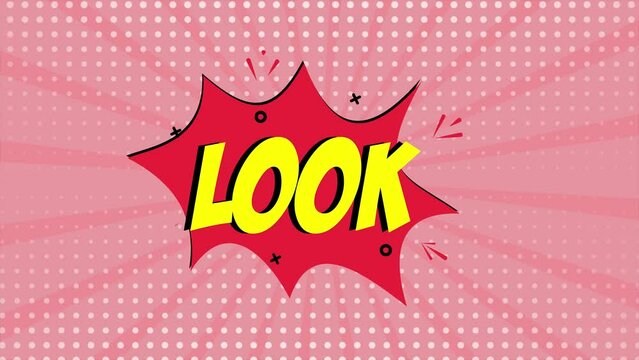 A comic strip cartoon animation, with the word Look appearing. Red and halftone background, star shape effect