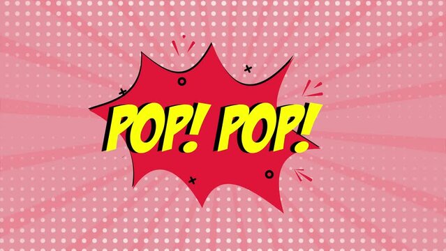 A comic strip cartoon animation, with the word Pop Pop appearing. Red and halftone background, star shape effect